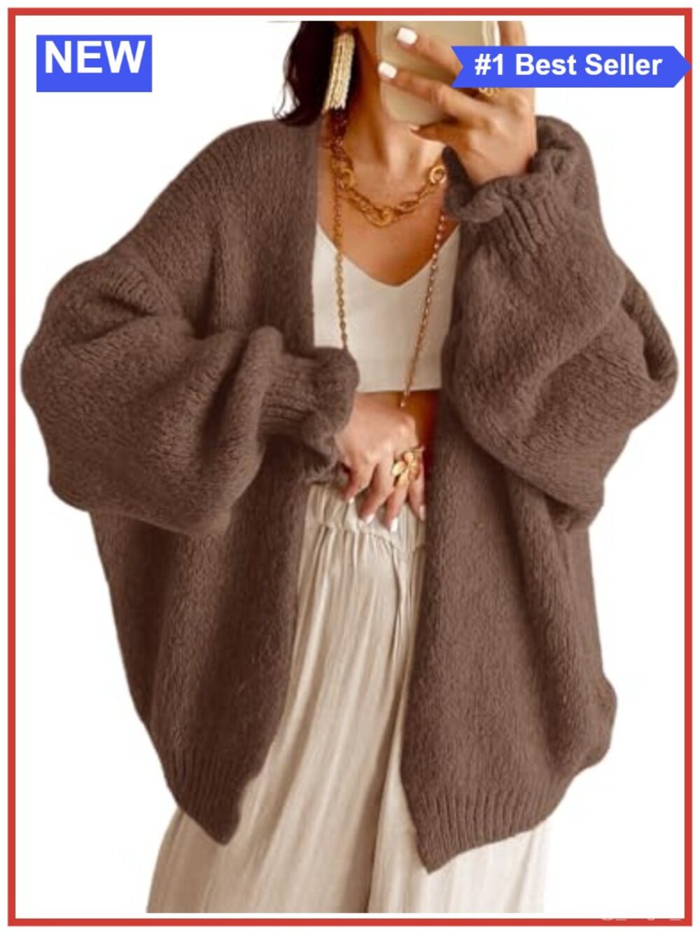 Oversized Chunky Knit Cardigan Open Front Lantern Sleeve Loose Slouchy Sweater